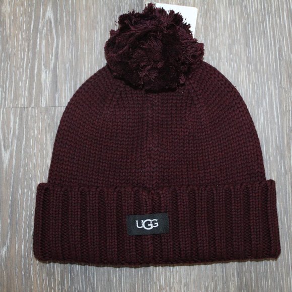 NWT UGG WOMEN'S POM KNIT HAT PORT‎ BURGUNDY - Picture 3 of 5